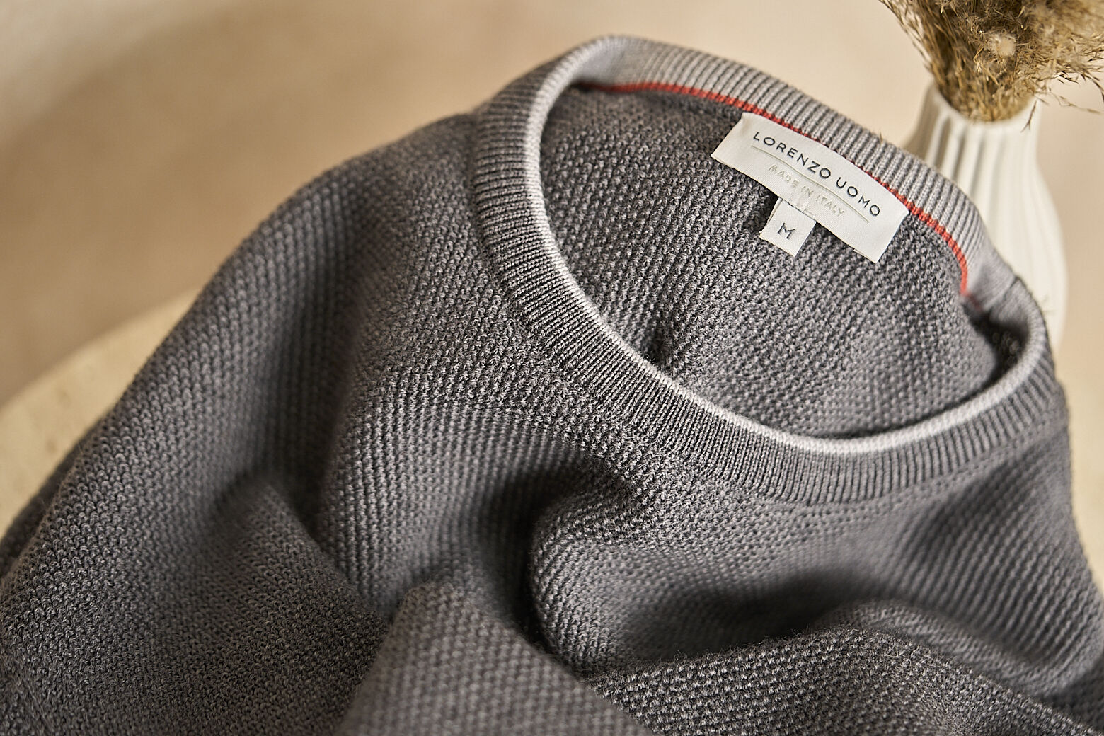 Men's Tollegno Merino Wool Crew Neck Sweater in Dark Grey Mélange