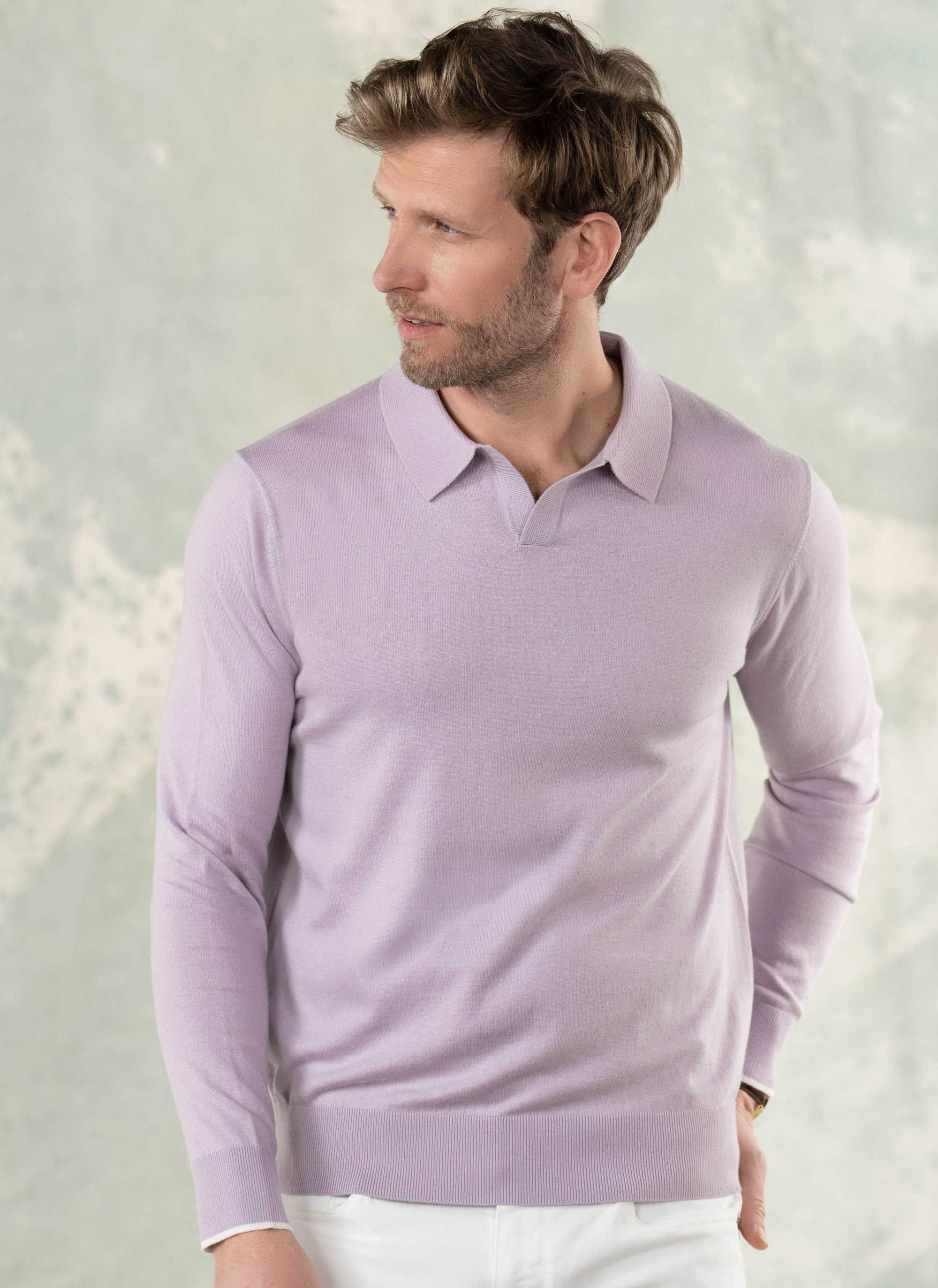 Men's Edoardo Casual Buttonless Pima Cotton and Cashmere Long Sleeve Polo Shirt Sweater in Lavender